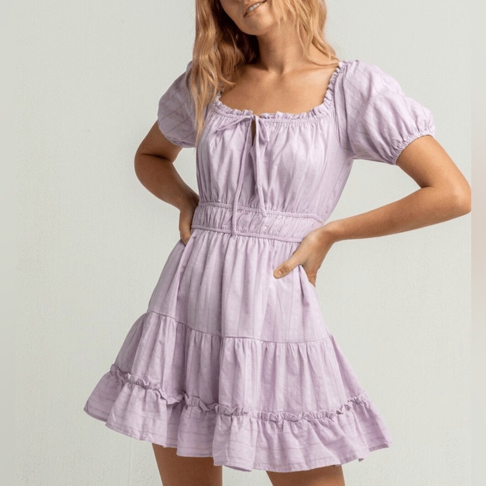 Lost + Wander Lilac Tiered Mini Dress Tie Front Keyhole Puff Sleeve Cottagecore